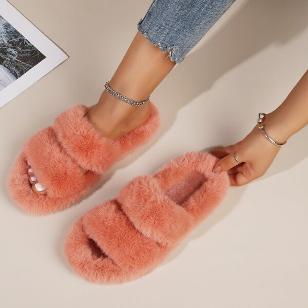 

Minimalist Double Strap Fluffy Slippers, Orange
