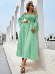 Vestido de manga campanuda fruncido de hombros descubiertos - Verde - Ver 1