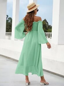 Vestido de manga campanuda fruncido de hombros descubiertos - Verde - Ver 2