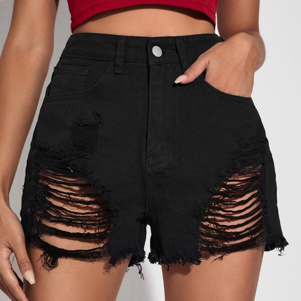 

High Waist Raw Hem Ripped Denim Shorts Without Belt, Black