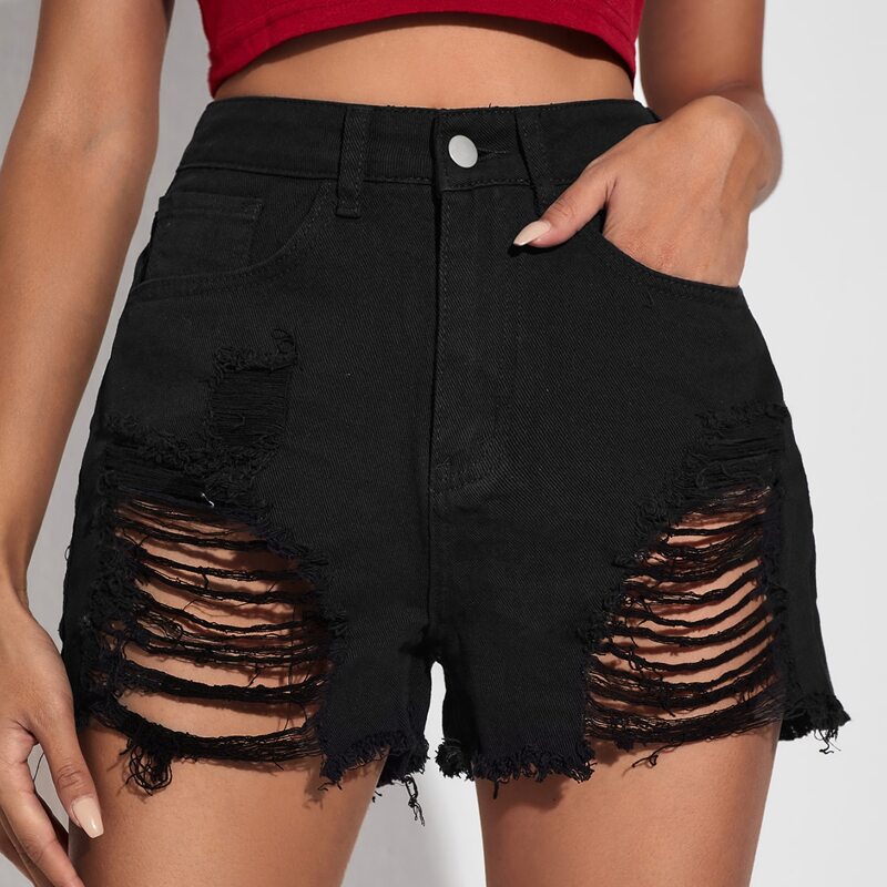 

High Waist Raw Hem Ripped Denim Shorts Without Belt, Black