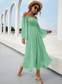 Vestido de manga campanuda fruncido de hombros descubiertos - Verde - Ver 4