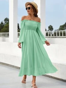 Vestido de manga campanuda fruncido de hombros descubiertos - Verde - Ver 5