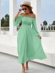 Vestido de manga campanuda fruncido de hombros descubiertos - Verde - Ver 6