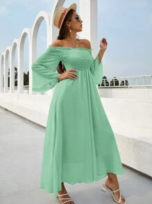 Vestido de manga campanuda fruncido de hombros descubiertos - Verde - Ver 7