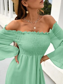 Vestido de manga campanuda fruncido de hombros descubiertos - Verde - Ver 8