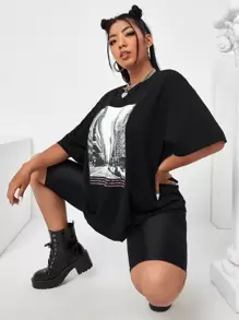 Áo thun in hình khẩu hiệu cỡ lớn - màu đen - Xem 1