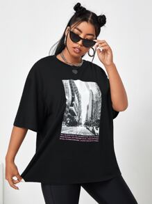 Áo thun in hình khẩu hiệu cỡ lớn - màu đen - Xem 4