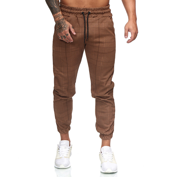 

Men Houndstooth Print Drawstring Waist Sweatpants, Coffee brown