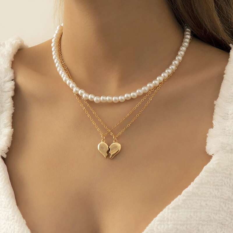 

2pcs faux Pearl & Heart Layered Necklace, Gold