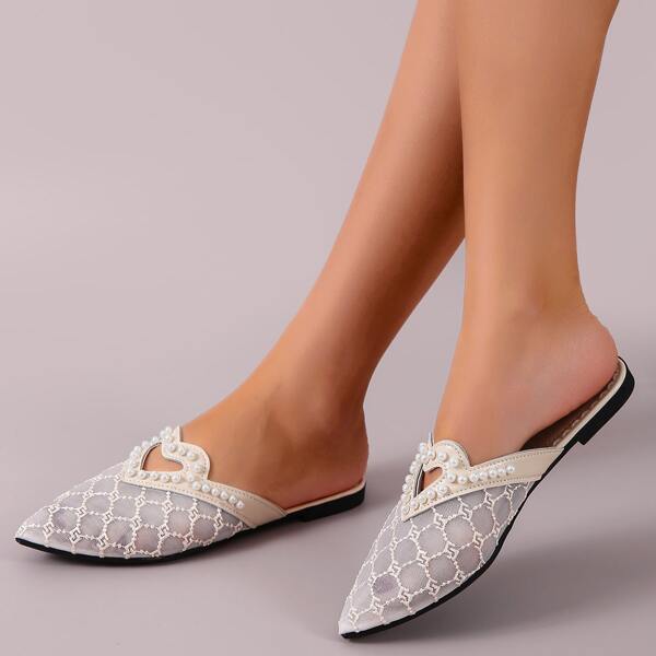 

Faux Pearl Decor Mesh Flat Mules, Beige