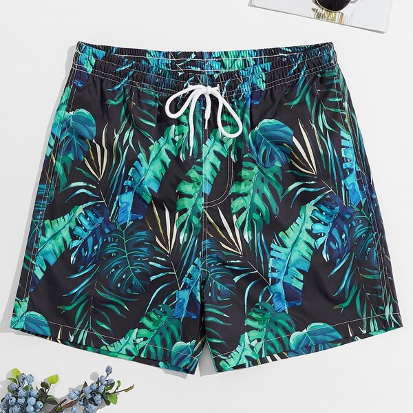 

Men Tropical Print Drawstring Waist Swim Trunks, Multicolor