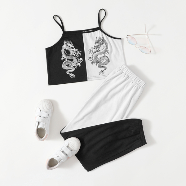 

Girls Chinese Dragon Crop Cami Top & Sweatpants, Black and white