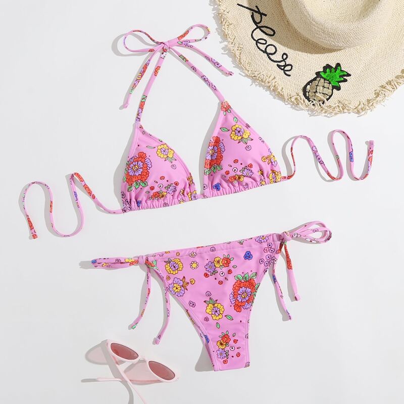 

Floral Triangle Bikini Swimsuit, Hot pink
