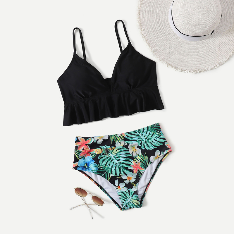 

Tropical Pattern Bikini Swimsuit, Black