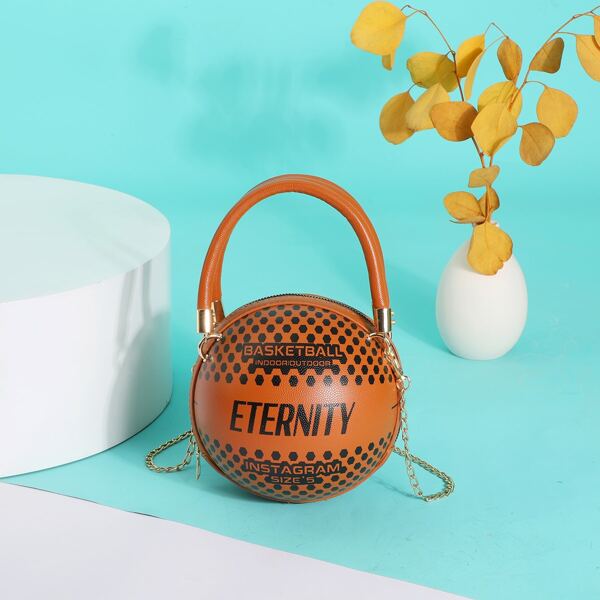 

Letter Graphic Ball Shaped Chain Bag, Brown