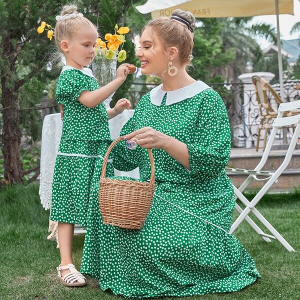 

Plus Peter Pan Collar Ditsy Floral 1 Top & 1 Skirt Set, Green