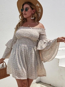 Breezaya Đầm Plus Size viền lá sen phân lớp Dải chun Họa tiết hoa Boho - Màu be - Xem 1