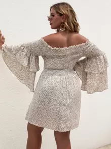 Breezaya Đầm Plus Size viền lá sen phân lớp Dải chun Họa tiết hoa Boho - Màu be - Xem 2