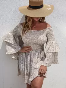 Breezaya Đầm Plus Size viền lá sen phân lớp Dải chun Họa tiết hoa Boho - Màu be - Xem 3