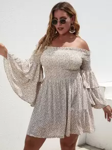 Breezaya Đầm Plus Size viền lá sen phân lớp Dải chun Họa tiết hoa Boho - Màu be - Xem 5