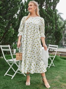 SHEIN Vestidos Tallas Grandes Encaje en contraste Volante Volante rígido Floral todo estampado Bohemio
