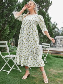 SHEIN Vestidos Tallas Grandes Encaje en contraste Volante Volante rígido Floral todo estampado Bohemio
