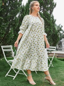 SHEIN Vestidos Tallas Grandes Encaje en contraste Volante Volante rígido Floral todo estampado Bohemio