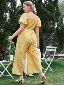 SHEIN Plus 1pc Ditsy Floral Shirred Jumpsuit - Yellow - View 3