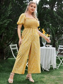SHEIN Plus 1pc Ditsy Floral Shirred Jumpsuit - Yellow - View 5