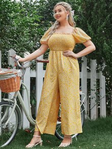 SHEIN Plus 1pc Ditsy Floral Shirred Jumpsuit - Yellow - View 6