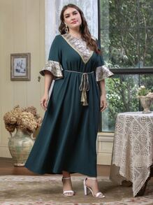 Al Najma Plus Size Geo Print Flounce Sleeve Belted Dress - Dark Green - View 1