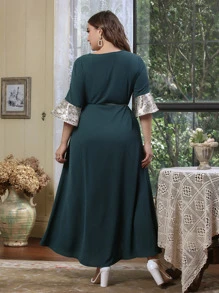 Al Najma Plus Size Geo Print Flounce Sleeve Belted Dress - Dark Green - View 2