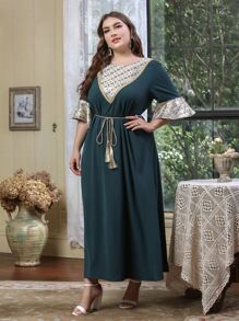 Al Najma Plus Size Geo Print Flounce Sleeve Belted Dress - Dark Green - View 3