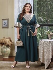 Al Najma Plus Size Geo Print Flounce Sleeve Belted Dress - Dark Green - View 6