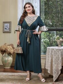 Al Najma Plus Size Geo Print Flounce Sleeve Belted Dress - Dark Green - View 7