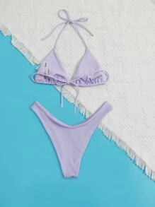 Swim Vcay Summer Beach Ribbed Bikini Set Halter Micro Triangle Bra & High Cut Bottom 2 Piece Bathing Suit - Purple - View 2
