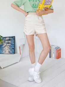 DAZY 抽褶側彈性腰身短褲 - 米色 - 查看 1