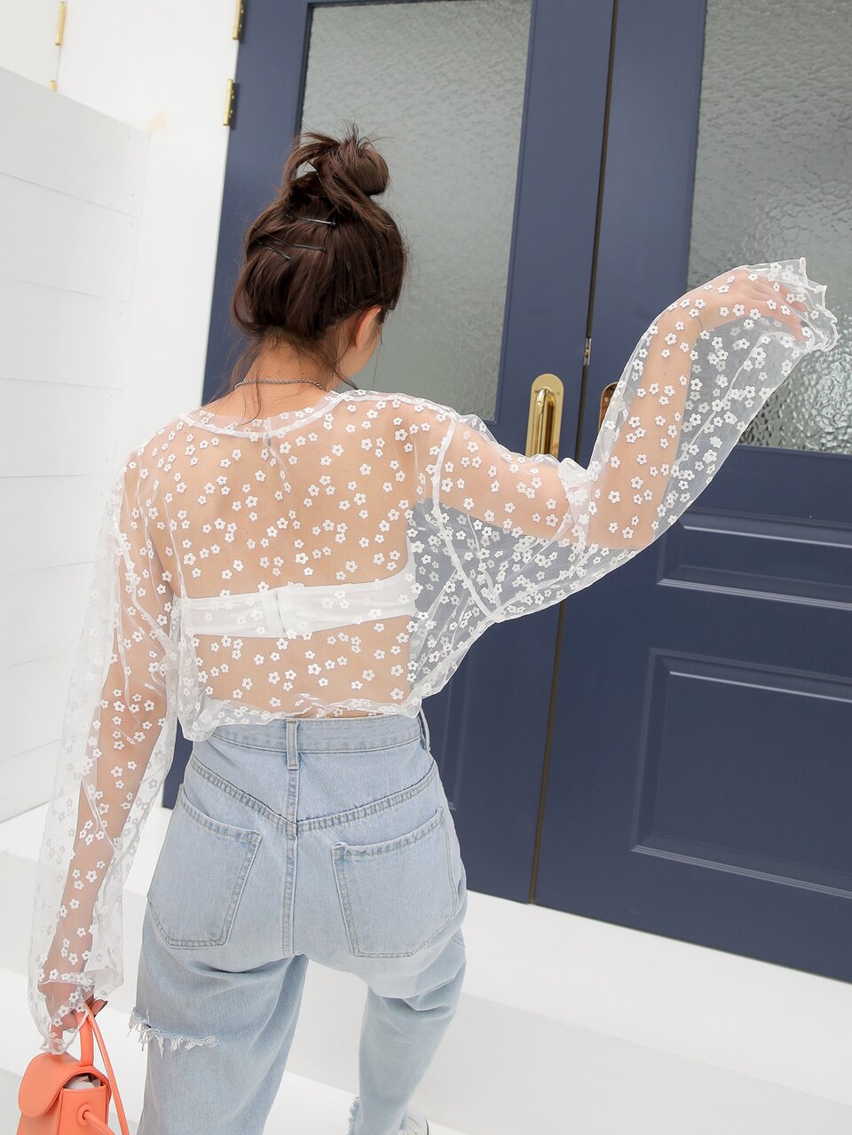 Floral Sheer Mesh Top Without Tube Top,Fall Women Clothes Long Sleeve Women