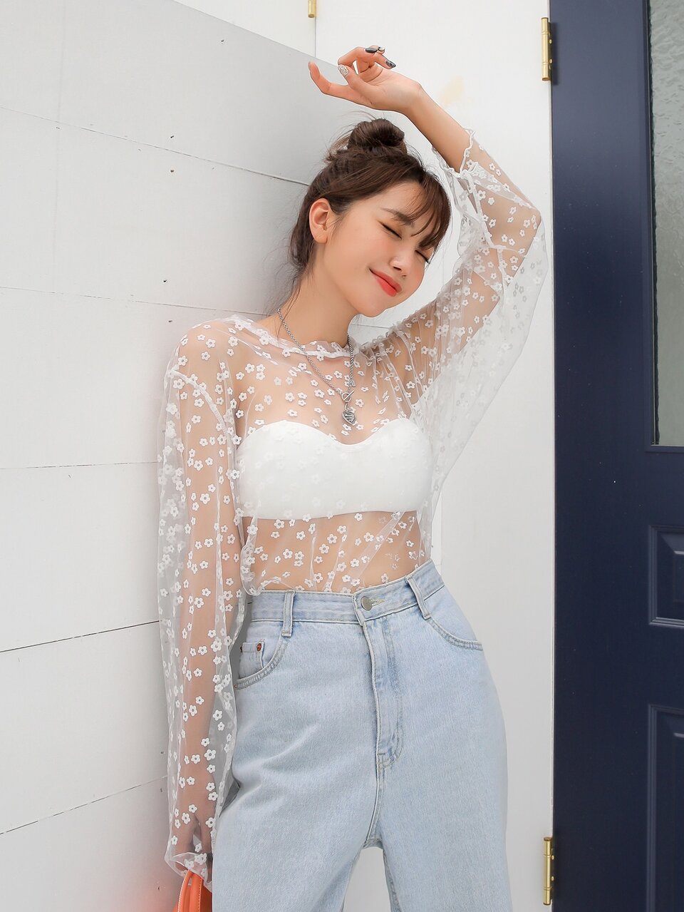 Floral Sheer Mesh Top Without Tube Top,Fall Women Clothes Long Sleeve Women
