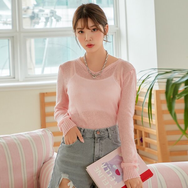 

Solid Puff Sleeve Sweater Without Cami Top, Pink