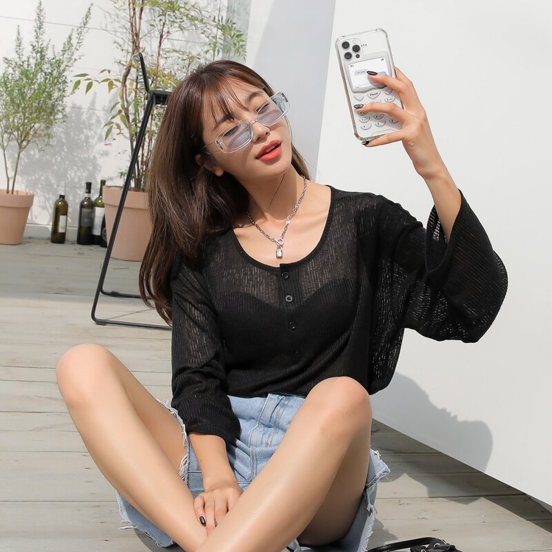 

Half Button Drop Shoulder Top, Black