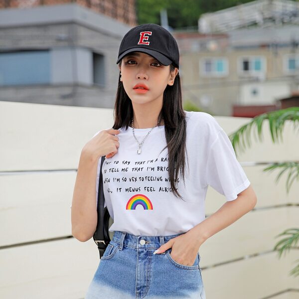 

Slogan & Rainbow Striped Tee, White