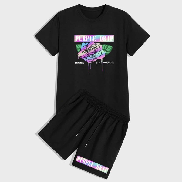 

Guys Letter Floral Graphic Tee & Drawstring Shorts, Black