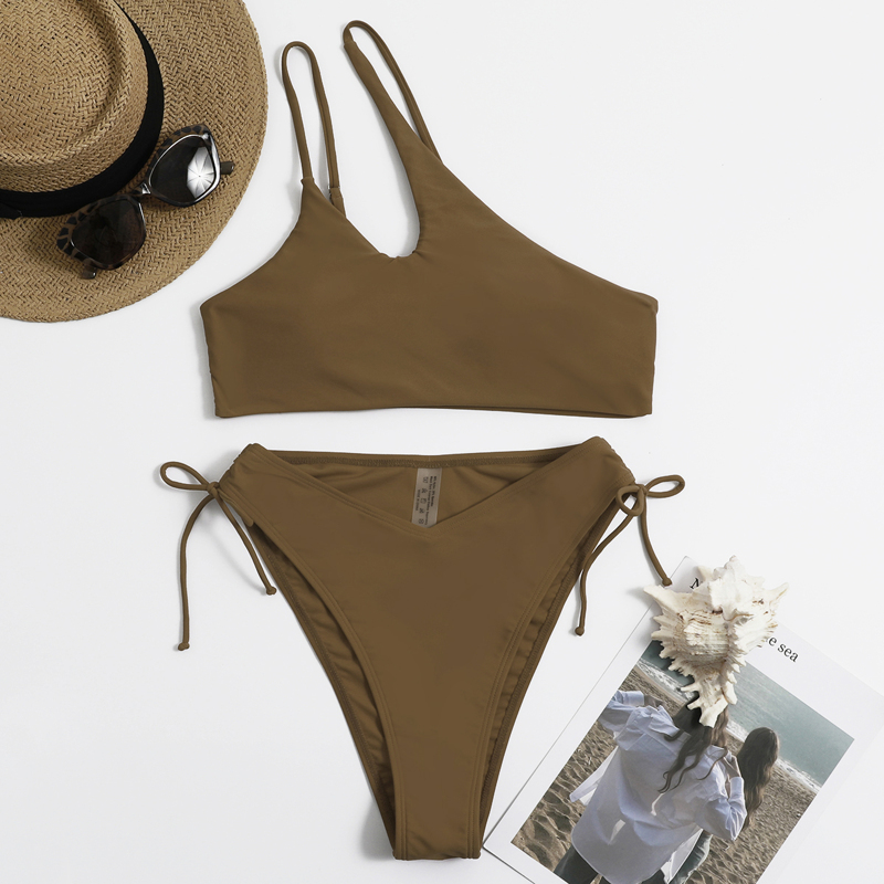 

One Shoulder Tie Side Bikini Swimsuit, Coffee brown