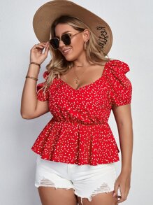 Breezaya Plus Confetti Heart Print Puff Sleeve Blouse - Red - View 1