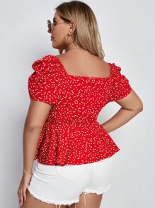 Breezaya Plus Confetti Heart Print Puff Sleeve Blouse - Red - View 2