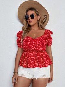 Breezaya Plus Confetti Heart Print Puff Sleeve Blouse - Red - View 4