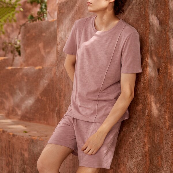 

Men 100% COTTON Solid Seam Detail Tee & Track Shorts Set, Dusty pink