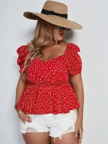 Breezaya Plus Confetti Heart Print Puff Sleeve Blouse - Red - View 7